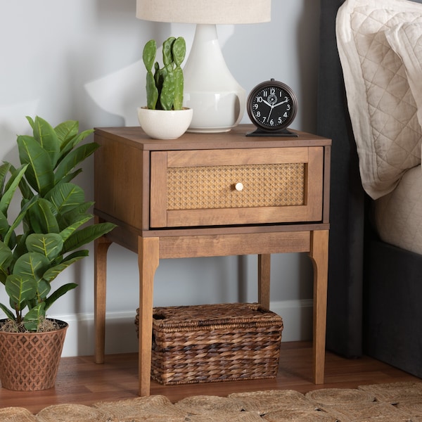 Baxton Studio Ramiel MidCentury Modern Ash Walnut Finished Wood and Rattan 1Drawer Nightstand - 215-12425-ZORO