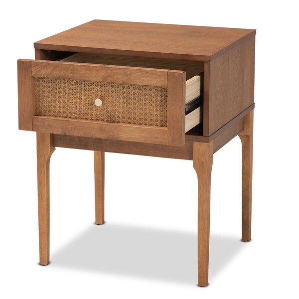 Baxton Studio Ramiel MidCentury Modern Ash Walnut Finished Wood and Rattan 1Drawer Nightstand - 215-12425-ZORO