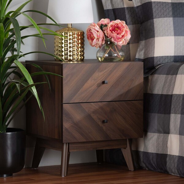 Baxton Studio Hartman Mid-Century Walnut Brown Finished Wood 2-Drawer Nightstand - 193-11719-ZORO