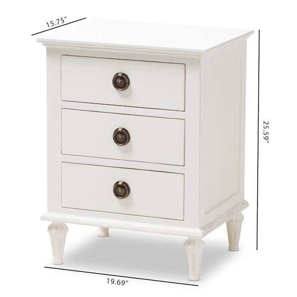 Baxton Studio Venezia French-Inspired Rustic Whitewash Wood 3-Drawer Nightstand - 138-7698