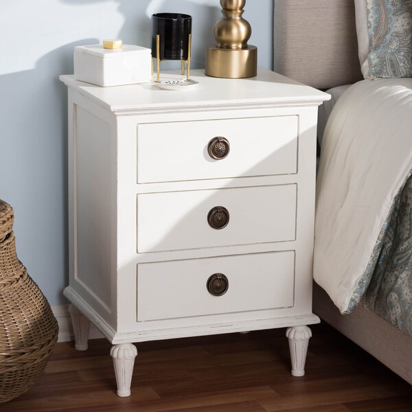 Baxton Studio Venezia French-Inspired Rustic Whitewash Wood 3-Drawer Nightstand - 138-7698