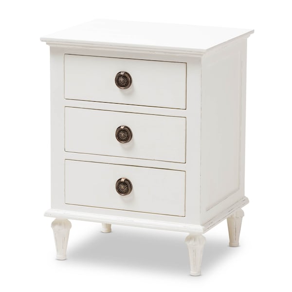 Baxton Studio Venezia French-Inspired Rustic Whitewash Wood 3-Drawer Nightstand - 138-7698