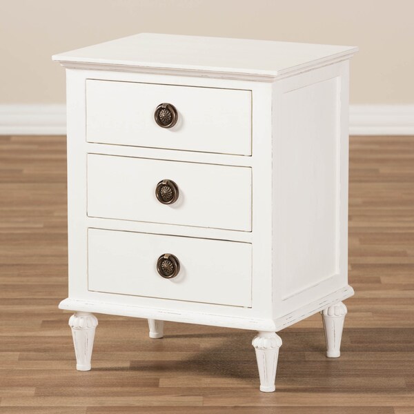 Baxton Studio Venezia French-Inspired Rustic Whitewash Wood 3-Drawer Nightstand - 138-7698