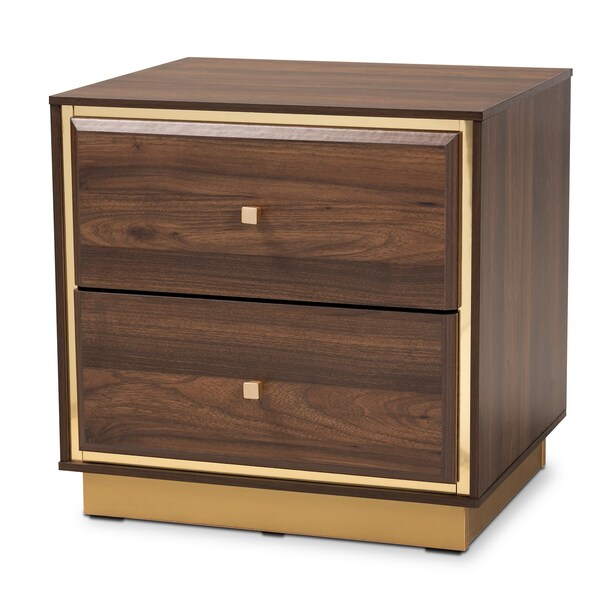 Baxton Studio Cormac Transitional Walnut Brown Finished Wood and Gold Metal 2-Drawer Nightstand - 208-12138