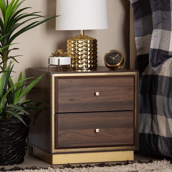 Baxton Studio Cormac Transitional Walnut Brown Finished Wood and Gold Metal 2-Drawer Nightstand - 208-12138