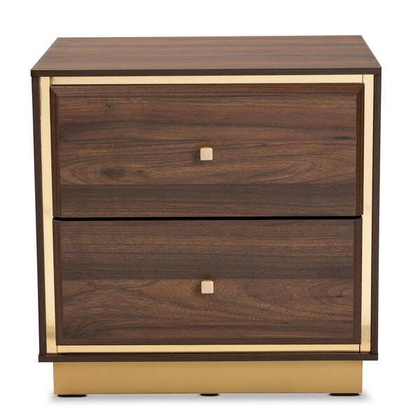 Baxton Studio Cormac Transitional Walnut Brown Finished Wood and Gold Metal 2-Drawer Nightstand - 208-12138