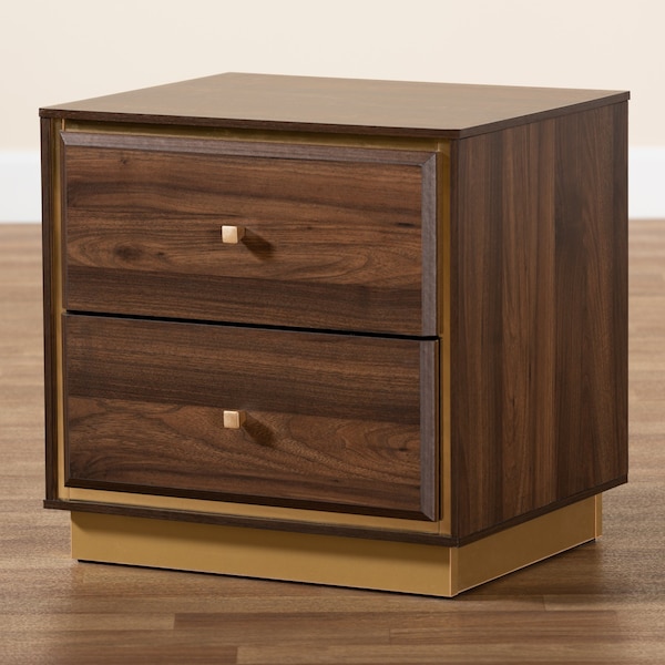 Baxton Studio Cormac Transitional Walnut Brown Finished Wood and Gold Metal 2-Drawer Nightstand - 208-12138