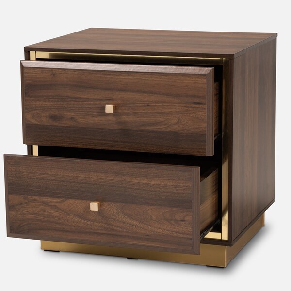 Baxton Studio Cormac Transitional Walnut Brown Finished Wood and Gold Metal 2-Drawer Nightstand - 208-12138