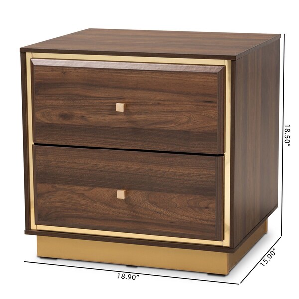 Baxton Studio Cormac Transitional Walnut Brown Finished Wood and Gold Metal 2-Drawer Nightstand - 208-12138
