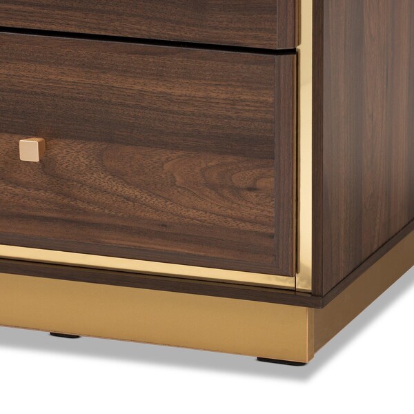 Baxton Studio Cormac Transitional Walnut Brown Finished Wood and Gold Metal 2-Drawer Nightstand - 208-12138