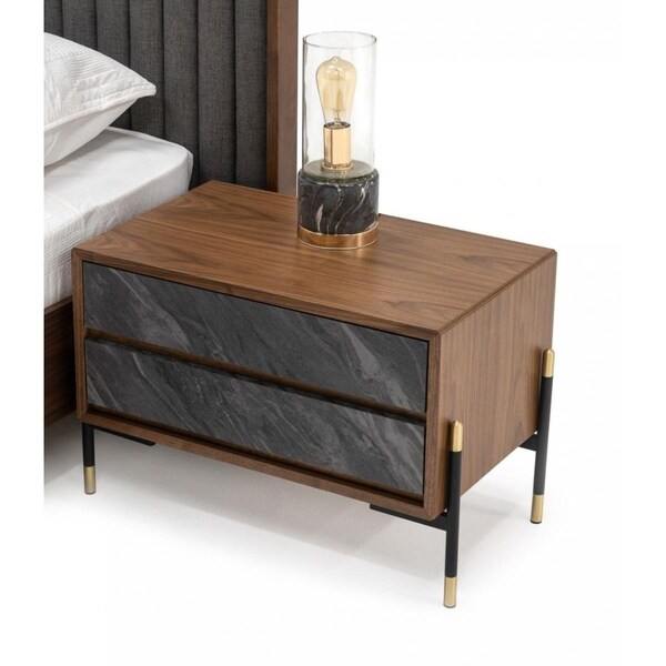 Homeroots Mid Century Walnut & Gray Faux Marble Two Drawer Nightstand - 473038
