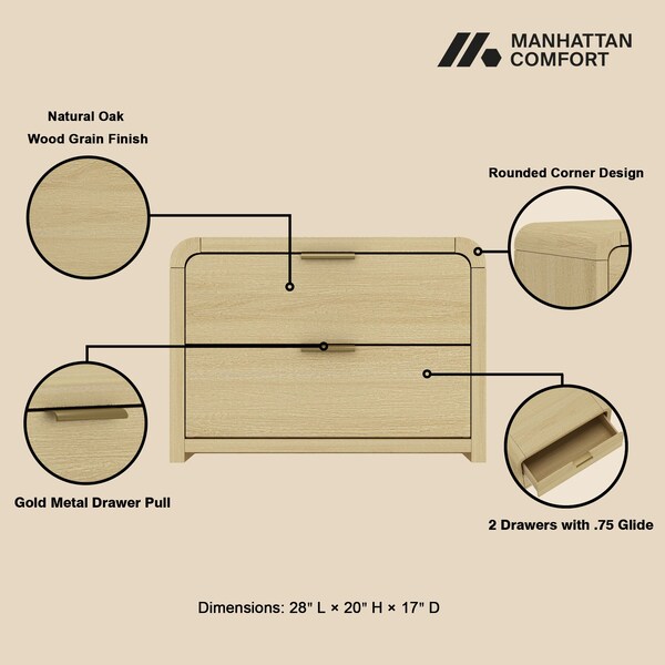 Manhattan Comfort Grace Nightstand in Natural Oak and Gold - NS007-GNO