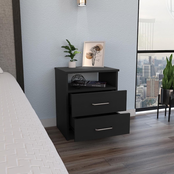 Tuhome Napoles Nightstand, Superior Top, Two Drawers, One Shelf, Black - MLW4760