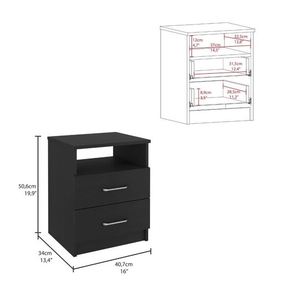 Tuhome Napoles Nightstand, Superior Top, Two Drawers, One Shelf, Black - MLW4760