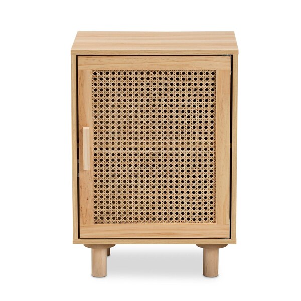Baxton Studio Maclean Mid-Century Rattan and Natural Brown Finished Wood 1-Door Nightstand - 199-12315-ZORO