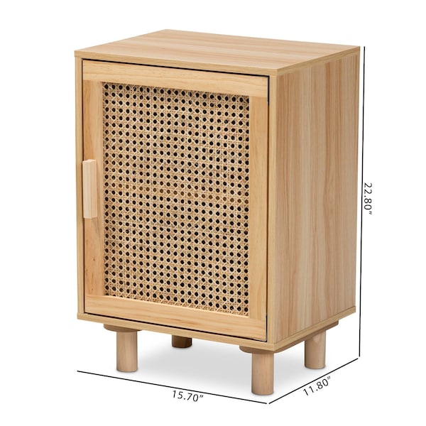 Baxton Studio Maclean Mid-Century Rattan and Natural Brown Finished Wood 1-Door Nightstand - 199-12315-ZORO