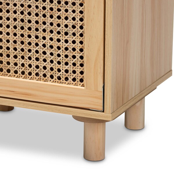 Baxton Studio Maclean Mid-Century Rattan and Natural Brown Finished Wood 1-Door Nightstand - 199-12315-ZORO