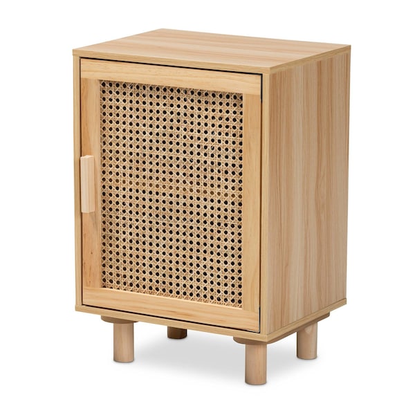 Baxton Studio Maclean Mid-Century Rattan and Natural Brown Finished Wood 1-Door Nightstand - 199-12315-ZORO