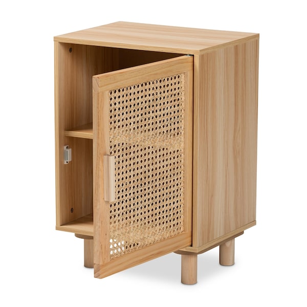 Baxton Studio Maclean Mid-Century Rattan and Natural Brown Finished Wood 1-Door Nightstand - 199-12315-ZORO