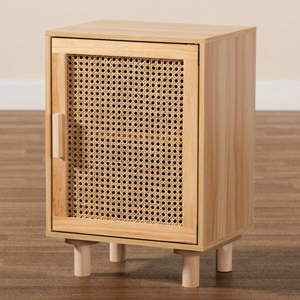 Baxton Studio Maclean Mid-Century Rattan and Natural Brown Finished Wood 1-Door Nightstand - 199-12315-ZORO