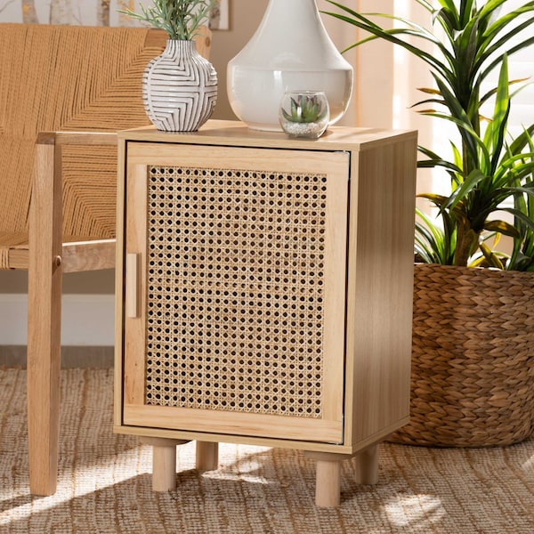 Baxton Studio Maclean Mid-Century Rattan and Natural Brown Finished Wood 1-Door Nightstand - 199-12315-ZORO