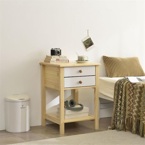 Latestluxury PINE-NTR-2D-WHT-NAT Solid Pine Wood 2 Drawer Nightstand, White & Natural - LA3357674