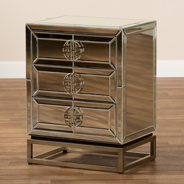 Baxton Studio Laken Contemporary Glam and Luxe Mirrored and Antique Bronze Finished 3-Drawer Nightstand - 174-11066-ZORO