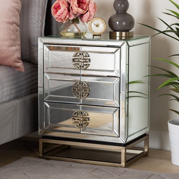 Baxton Studio Laken Contemporary Glam and Luxe Mirrored and Antique Bronze Finished 3-Drawer Nightstand - 174-11066-ZORO