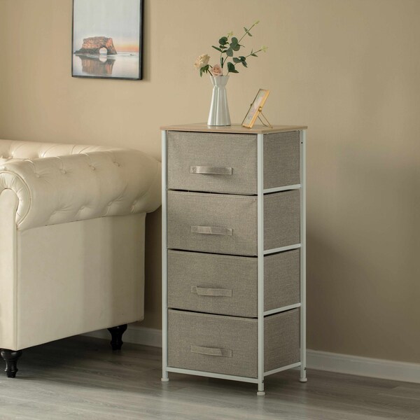 Basicwise Sand Beige Bins and White Frame Four Storage Night Chest and Storage Chest - QI004115.4.BG