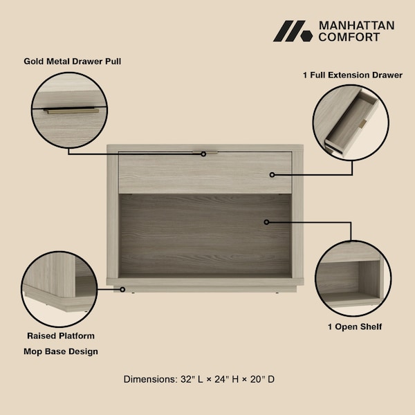 Manhattan Comfort Evelyn 32in Nightstand 2.0 in Natural - NS012-NA