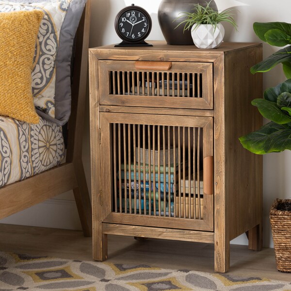 Baxton Studio Clement Oak Finished 1-Door and 1-Drawer Wood Spindle Nightstand - 162-10559