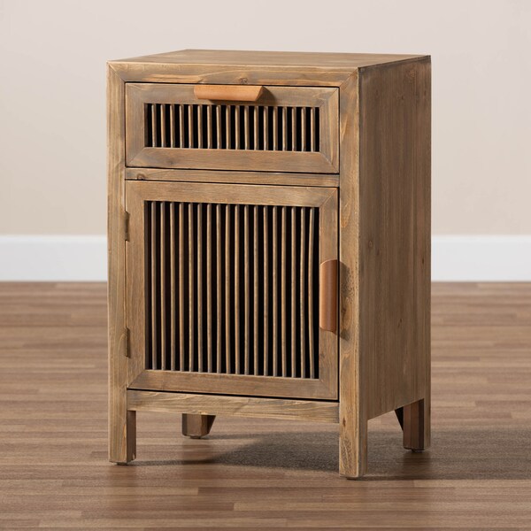 Baxton Studio Clement Oak Finished 1-Door and 1-Drawer Wood Spindle Nightstand - 162-10559