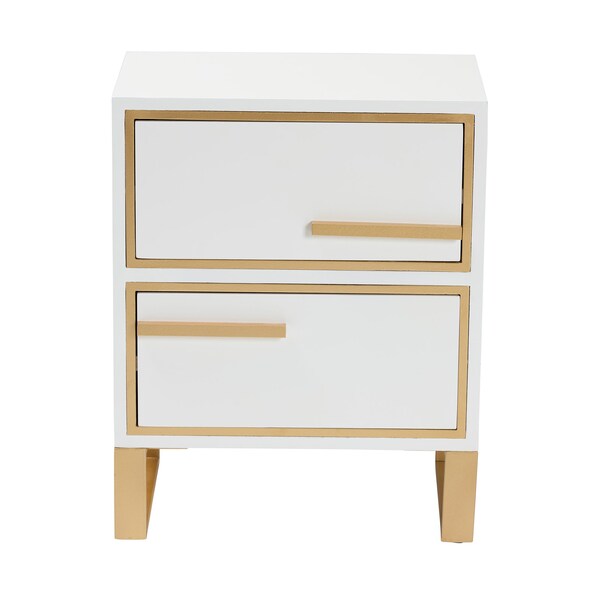 Baxton Studio Giolla Contemporary Glam and Luxe White Finished Wood and Gold Metal 2Drawer Nightstand - 220-12455-ZORO