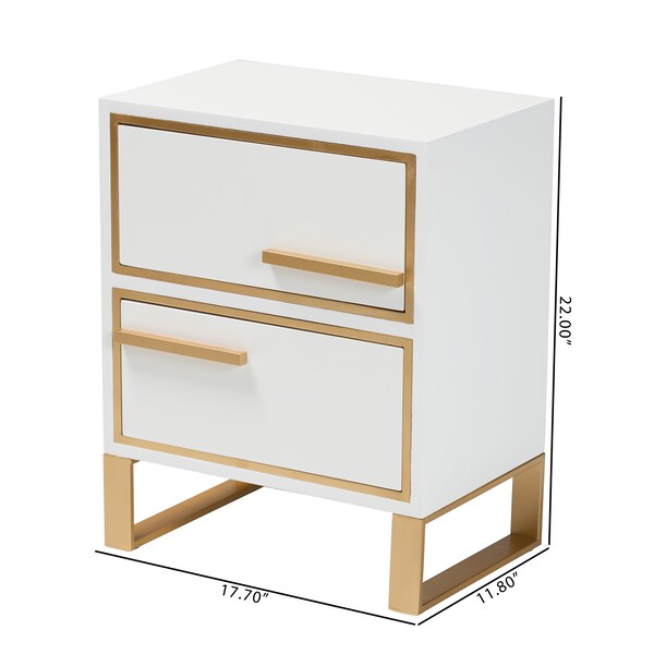 Baxton Studio Giolla Contemporary Glam and Luxe White Finished Wood and Gold Metal 2Drawer Nightstand - 220-12455-ZORO