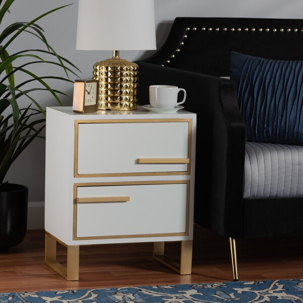 Baxton Studio Giolla Contemporary Glam and Luxe White Finished Wood and Gold Metal 2Drawer Nightstand - 220-12455-ZORO