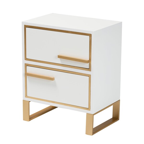 Baxton Studio Giolla Contemporary Glam and Luxe White Finished Wood and Gold Metal 2Drawer Nightstand - 220-12455-ZORO