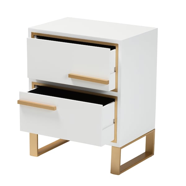 Baxton Studio Giolla Contemporary Glam and Luxe White Finished Wood and Gold Metal 2Drawer Nightstand - 220-12455-ZORO