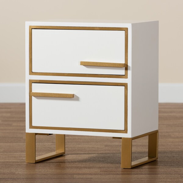 Baxton Studio Giolla Contemporary Glam and Luxe White Finished Wood and Gold Metal 2Drawer Nightstand - 220-12455-ZORO
