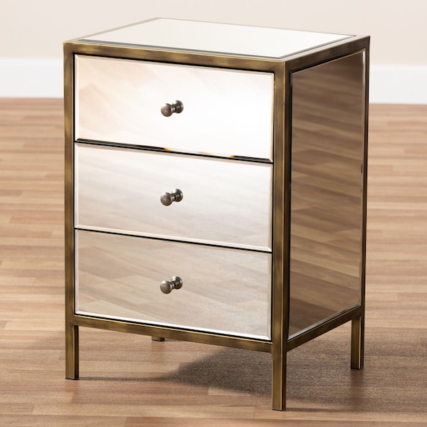 Baxton Studio Nouria Hollywood Style Mirrored Three Drawer Nightstand Bedside Table - 150-9055
