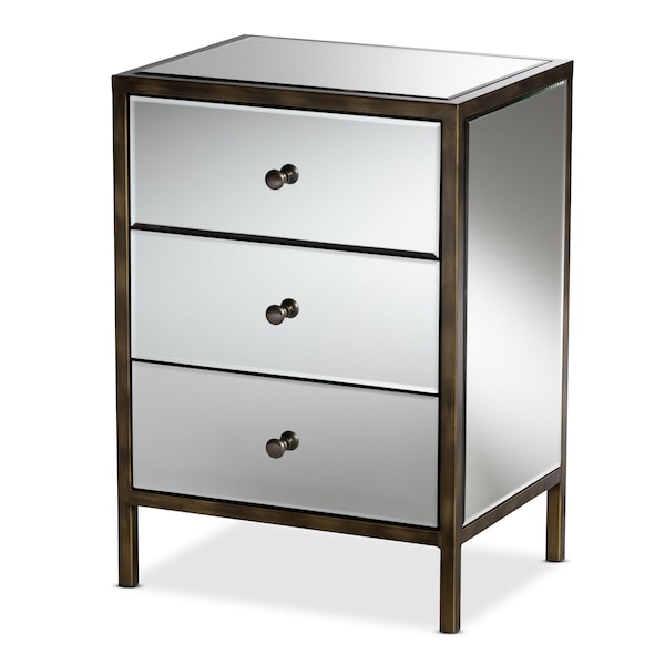 Baxton Studio Nouria Hollywood Style Mirrored Three Drawer Nightstand Bedside Table - 150-9055