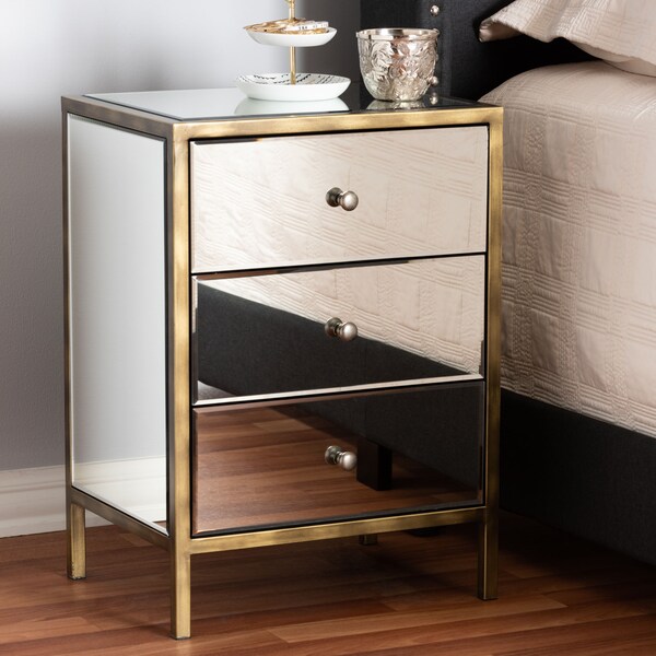 Baxton Studio Nouria Hollywood Style Mirrored Three Drawer Nightstand Bedside Table - 150-9055