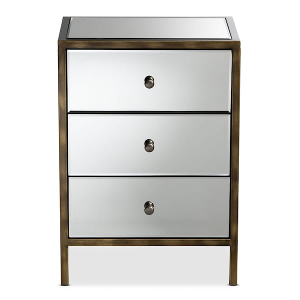 Baxton Studio Nouria Hollywood Style Mirrored Three Drawer Nightstand Bedside Table - 150-9055
