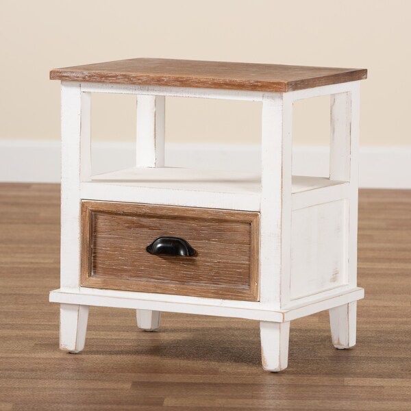 Baxton Studio Glynn Rustic Farmhouse Weathered Two-Tone White and Oak Brown Finished Wood 1-Drawer Nightstand - 178-11405-ZORO