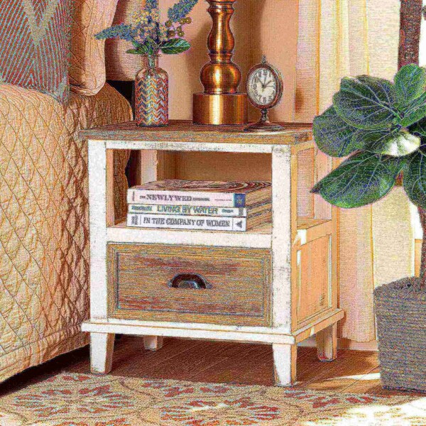 Baxton Studio Glynn Rustic Farmhouse Weathered Two-Tone White and Oak Brown Finished Wood 1-Drawer Nightstand - 178-11405-ZORO