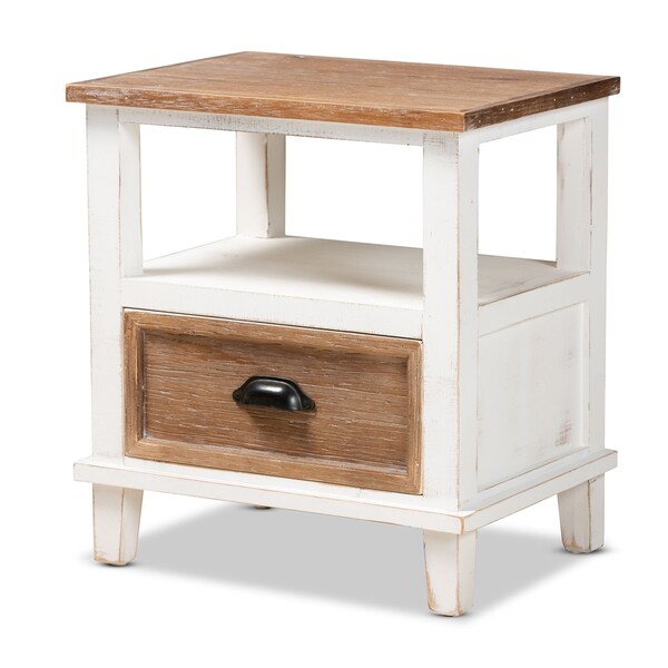 Baxton Studio Glynn Rustic Farmhouse Weathered Two-Tone White and Oak Brown Finished Wood 1-Drawer Nightstand - 178-11405-ZORO