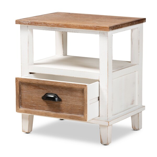 Baxton Studio Glynn Rustic Farmhouse Weathered Two-Tone White and Oak Brown Finished Wood 1-Drawer Nightstand - 178-11405-ZORO
