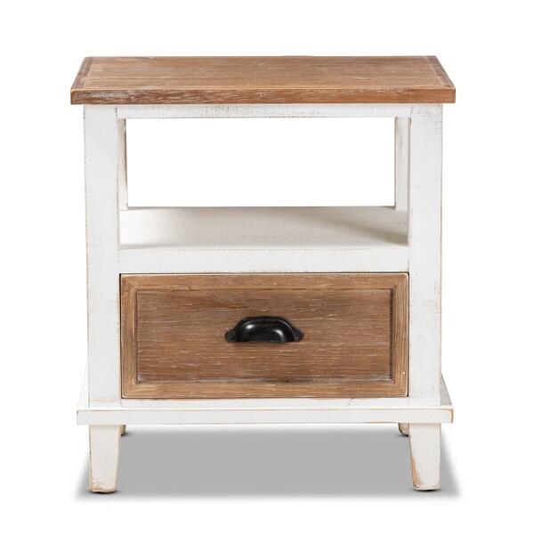Baxton Studio Glynn Rustic Farmhouse Weathered Two-Tone White and Oak Brown Finished Wood 1-Drawer Nightstand - 178-11405-ZORO