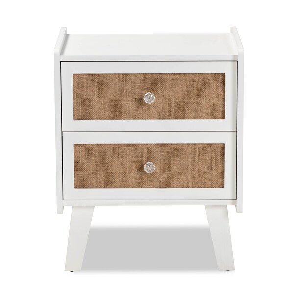 Baxton Studio Balta Mid-Century Modern Transitional Oak Brown Rattan and White Finished Wood 2-Drawer Nightstand - 201-12187