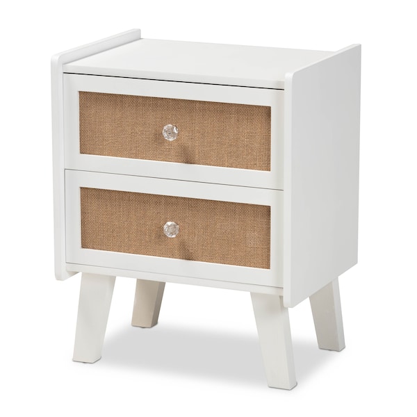 Baxton Studio Balta Mid-Century Modern Transitional Oak Brown Rattan and White Finished Wood 2-Drawer Nightstand - 201-12187