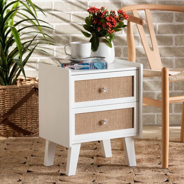 Baxton Studio Balta Mid-Century Modern Transitional Oak Brown Rattan and White Finished Wood 2-Drawer Nightstand - 201-12187